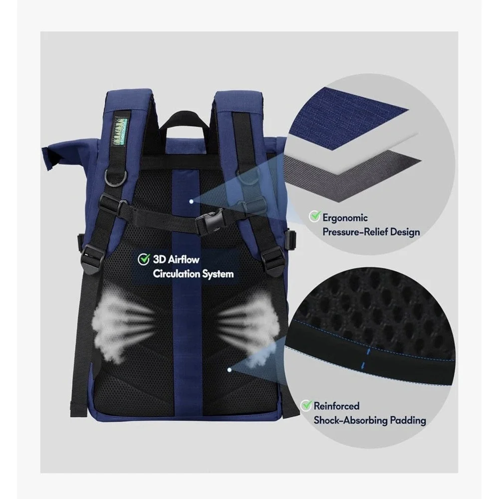 Haimont Roll Top Laptop Backpack 20L Water Resistance Travel Casual Navy Blue‎